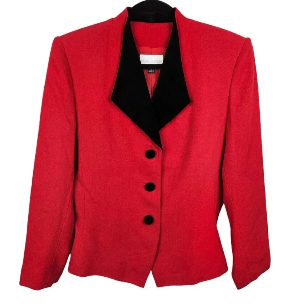 Preston & York 3 Button Blazer Jacket Red Black Velvet Trim‎ Size 10